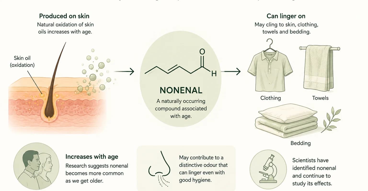 Infographic explaining nonenal: produced on skin through natural oxidation, the compound structure, where it lingers, and why it increases with age